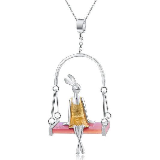 LFJE0098B-small Lotusfun Wholesale Handmade 925 Sterling Silver Jewelry Pink Shell Miss Rabbit Pendant Chain Necklace Fine Jewelry for Women