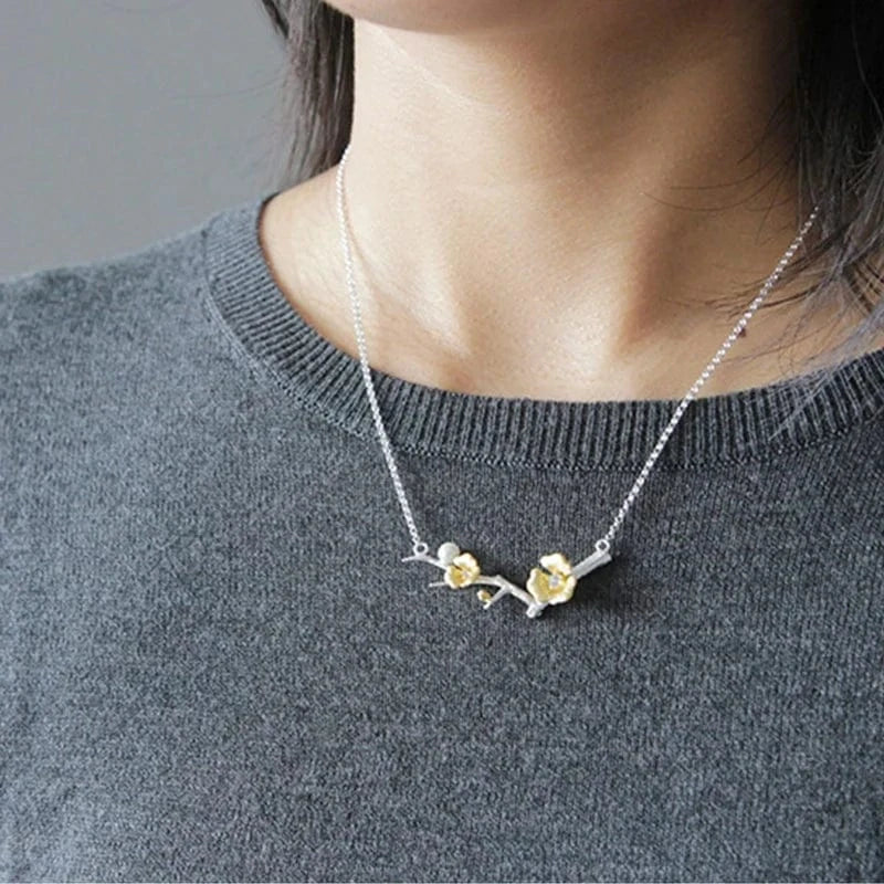 LFJS0030 925 Sterling Silver Delicate Plum Blossom Flower Jewelry Necklace Set for Women