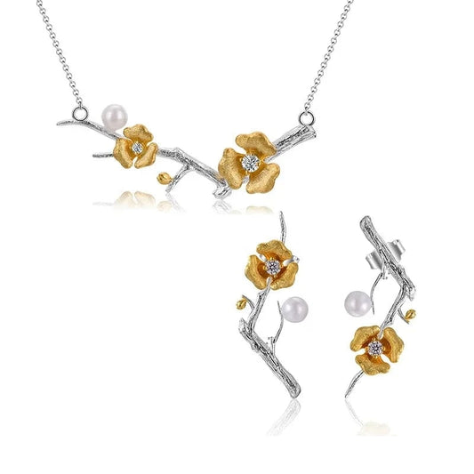 LFJS0030 925 Sterling Silver Delicate Plum Blossom Flower Jewelry Necklace Set for Women