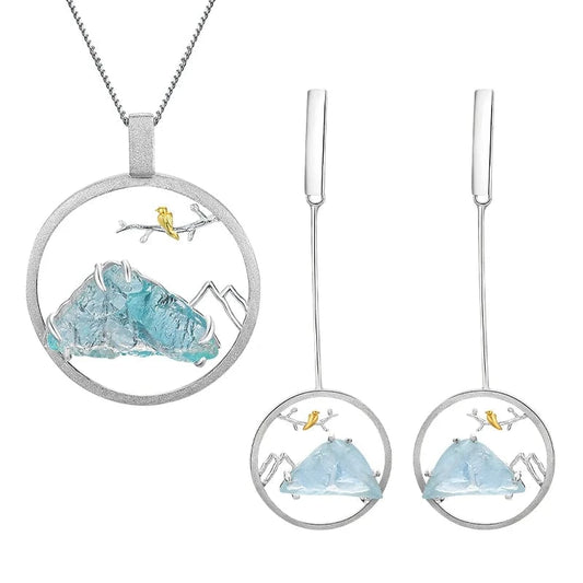 LFJS0062B Pure 925 Sterling Silver Natural Blue Gemstone Jewelry Sets