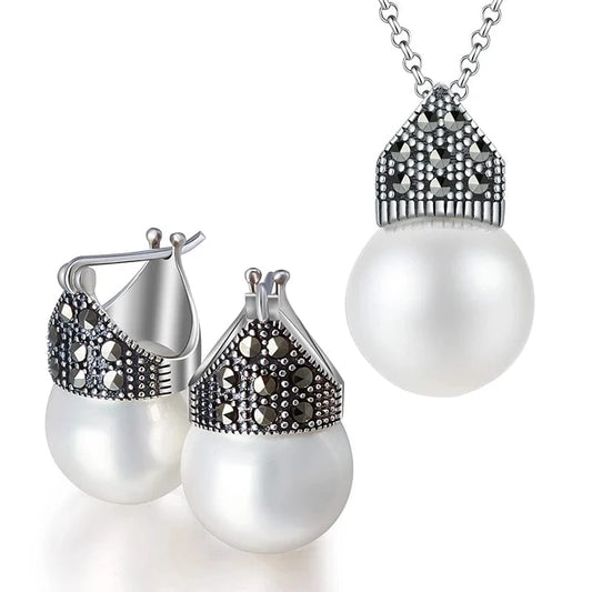 LFJT0001P Fine jewelry Real 925 Sterling Silver Big Pearl Necklace Earring Jewelry Set For Women Wedding Engagement