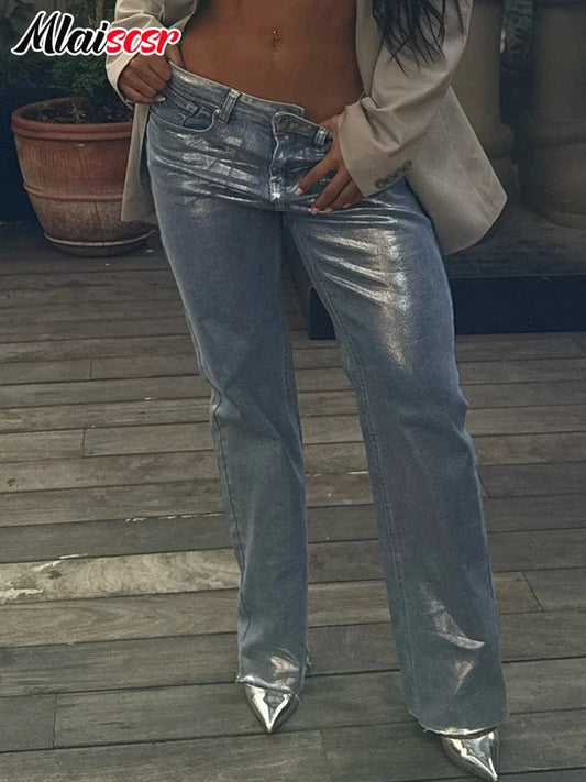 Light Blue Jeans / XXXL Mlaiscsr High Waist Silver Coating Baggy Jeans Straight Wide Leg Denim Pants Women's New Loose Trousers Y2K Metallic Clothing