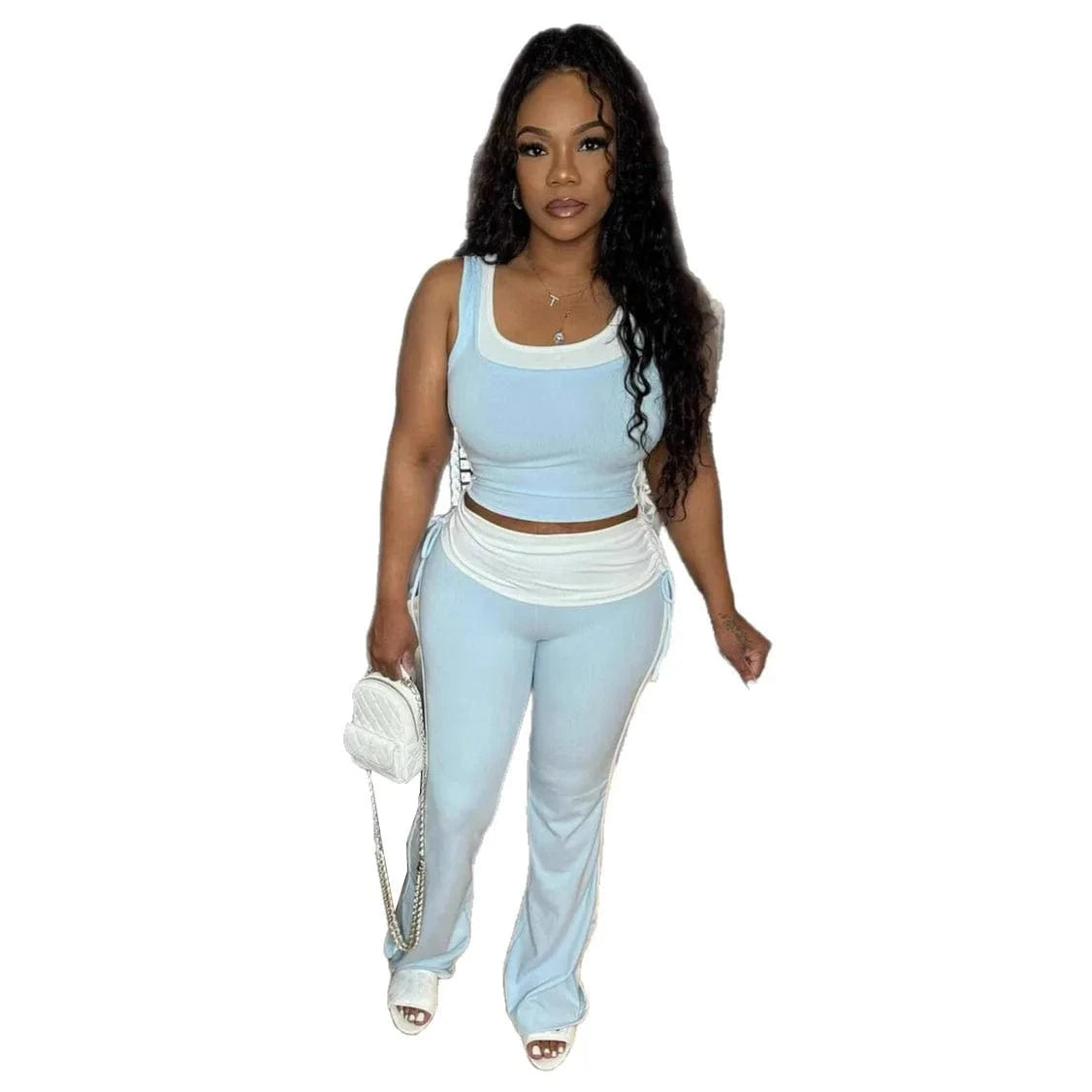 Light  Blue / L CM.YAYA Fashion Knit Ribbed Patchwork Women's Set Sleeveless Tank Tops and Flare Pants Tracksuit 2025 Two 2 Piece Sets Outfit