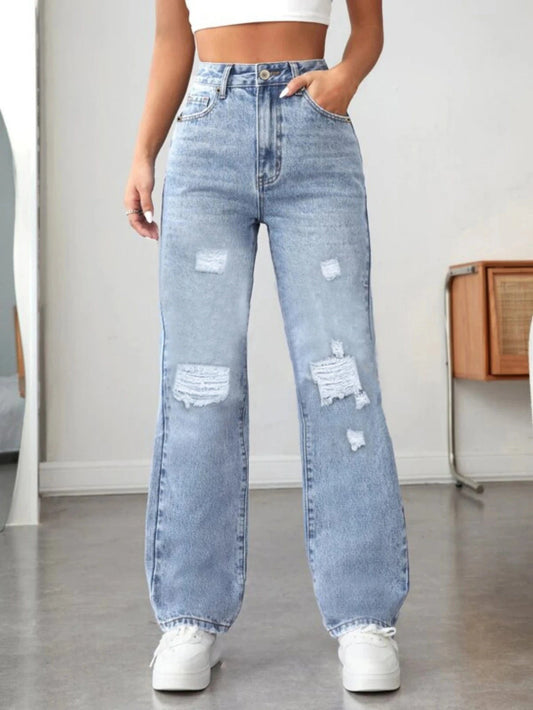 Light  Blue / L Women's pocket-breaking casual Denim wide-leg pants