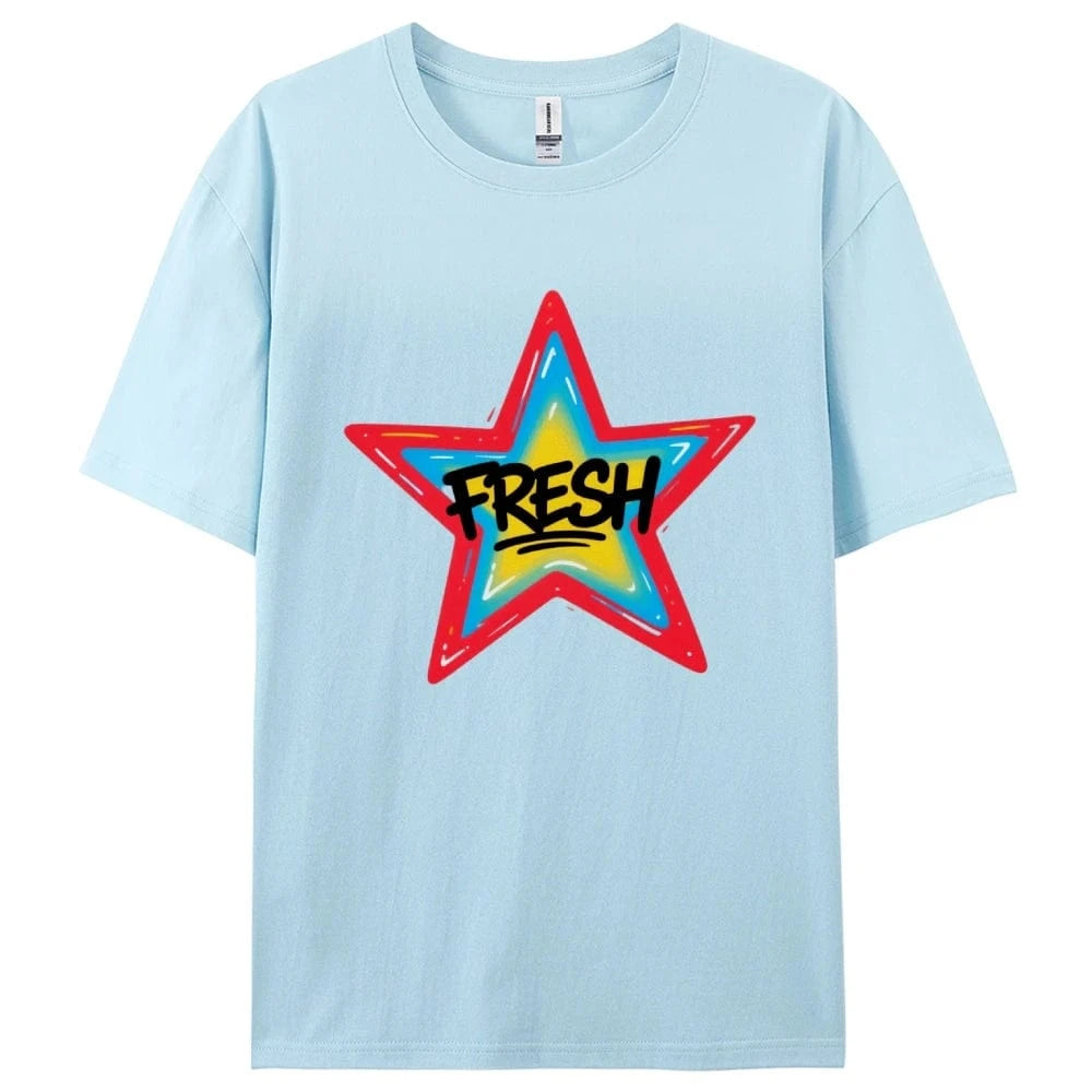 Light  Blue / M Graffiti Style FRESH Colorful Star Graphic Tee Casual White T-Shirt with Vibrant Gradient Star Design for Trendy Urban Fashion