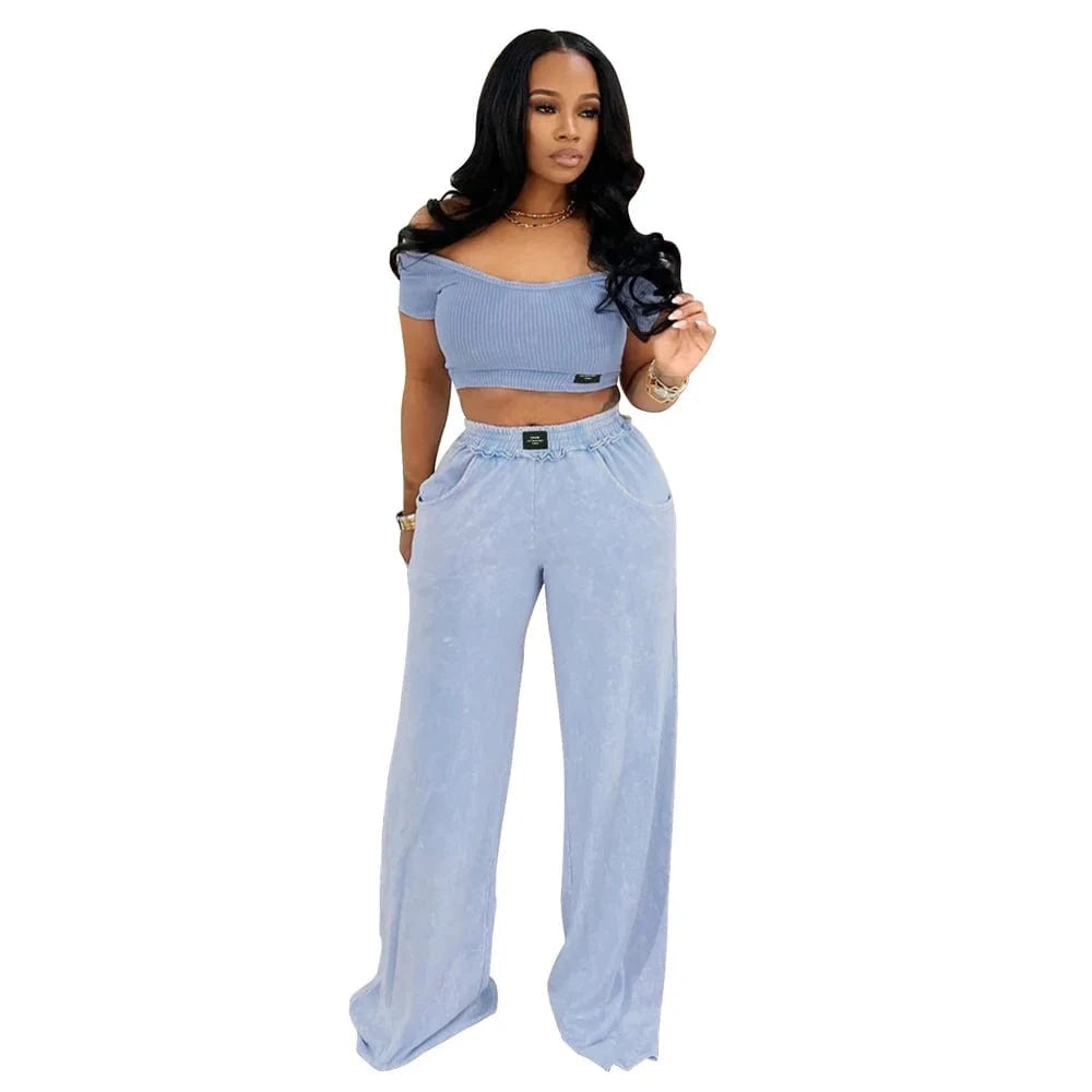Light blue / S Fashion Women Clothing Distressed Tracksuits Casual Sexy U Neck Crop Top and Wide Leg Pants Suits Ladies Elegant 2 Two Piece Set