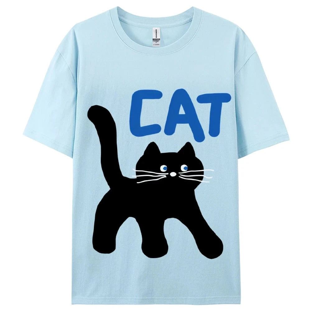 Light  Blue / S Women's Basic Crew Neck Tee Trendy Y2K Women's Short Sleeve Cartoon Cat Print Cute Aesthetic Cotton Casual T-Shirt