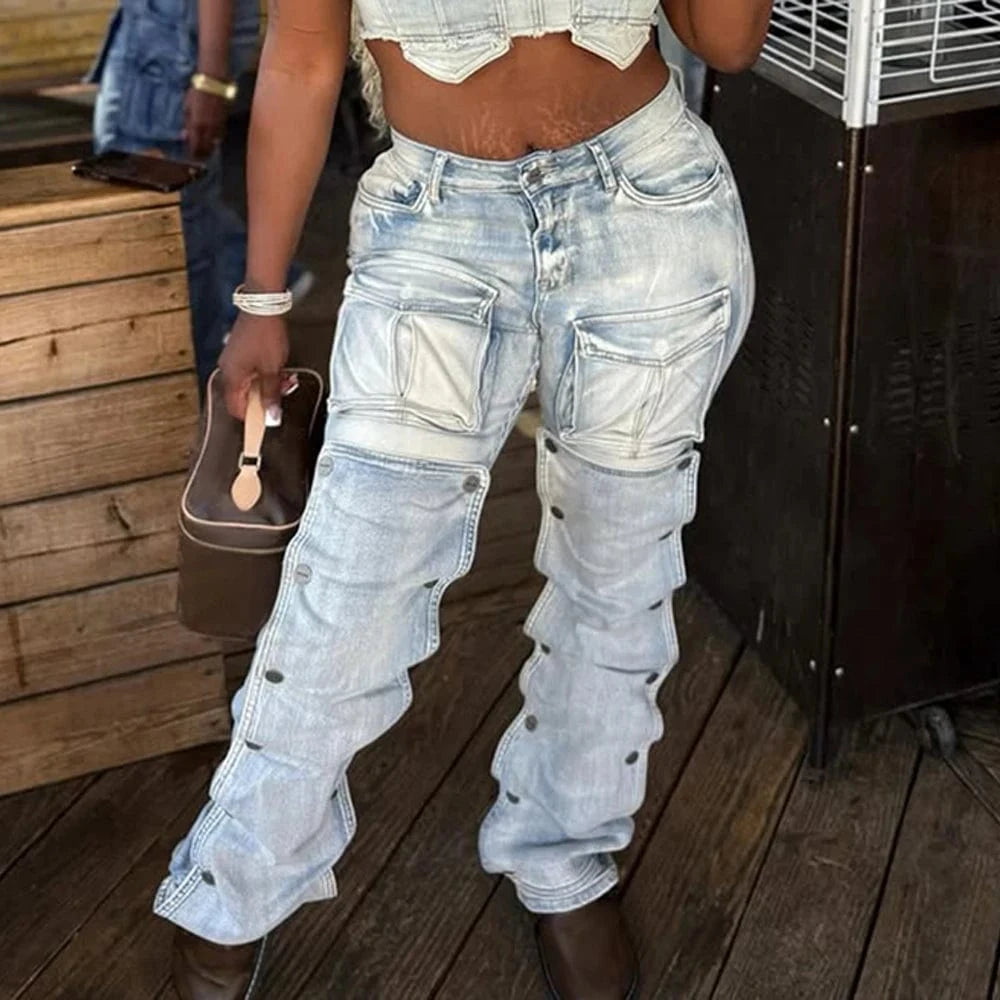 Light Blue / S Women's High Waist Fashion Denim Straight Pants Multi-Pockets Button Detail Casual Cargo Jeans Female Streetwear New 2025