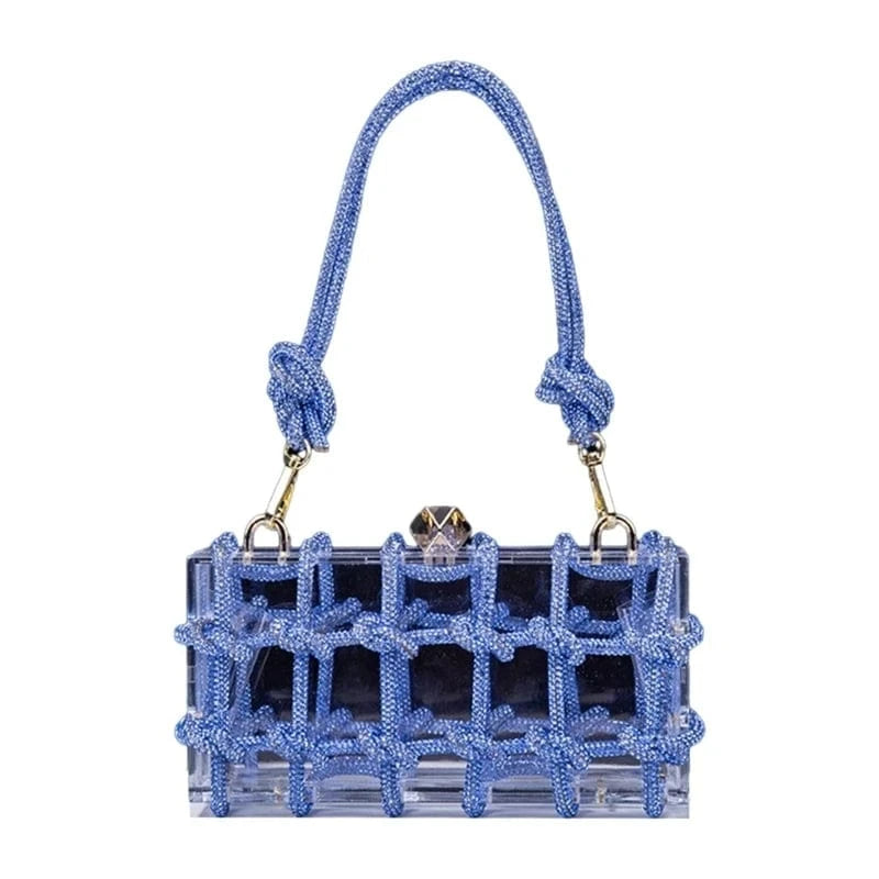 Light Blue Transparent Wedding Party Handbags for Women Luxury Clear Acrylic Box Purse Woven Knotted Rhinestone Clutch Bag Evening Bags