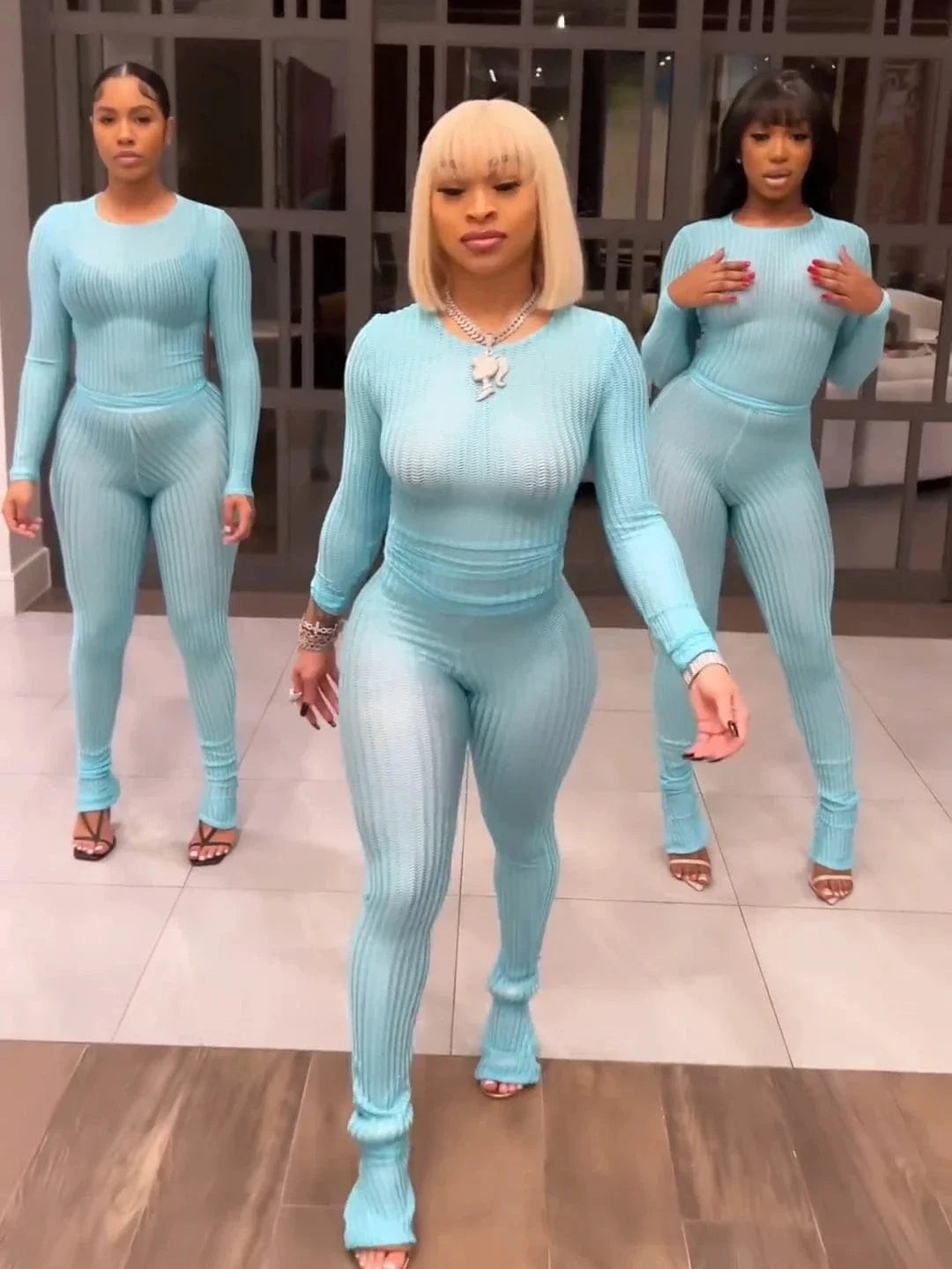 Light  Blue / XS（old） CM.YAYA Fashion See Though Women's Set Long Sleeve T-shirt and Flare Pants 2024 Active Street Two 2 Piece Sets Outfits Tracksuit