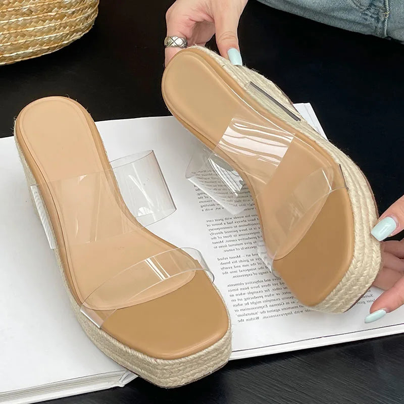 Light brown / 35 2025 Platform Ladies Wedges Slides Slippers Shoes Female Pumps Shoes Fashion Transparent Footwear Women Wedges Slippers Big Size