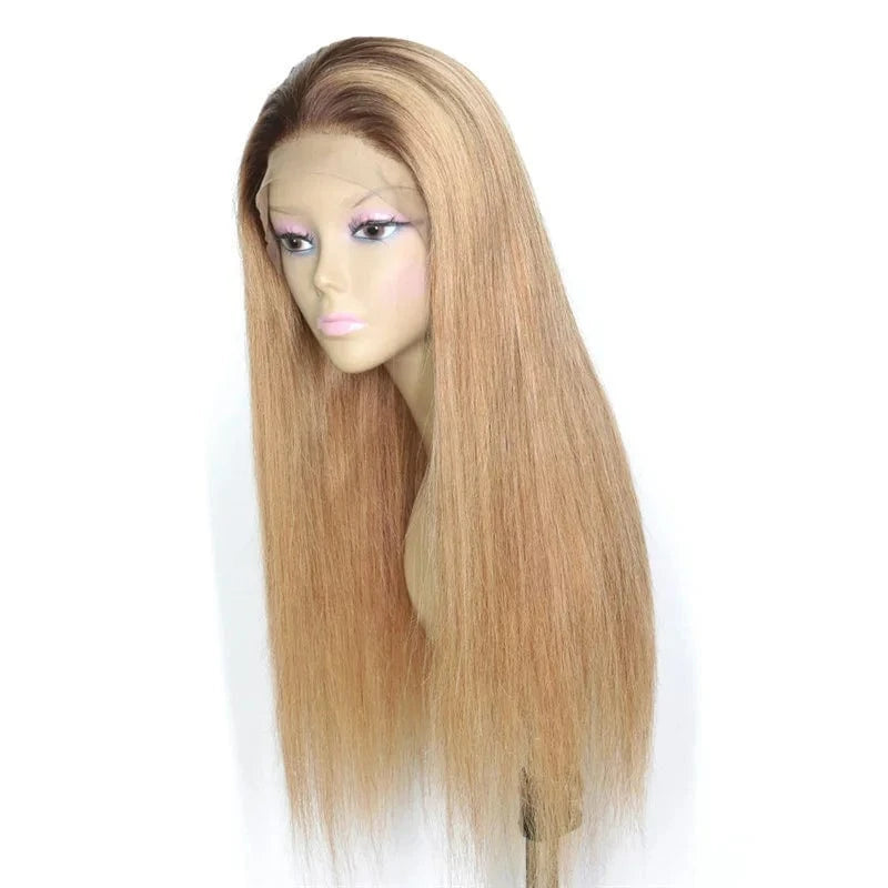 light brown / 8 Inches Wholesale ombre color T1b/27 honey blonde straight Indian human remy hair bleached knots lace frontal wig with bay hair