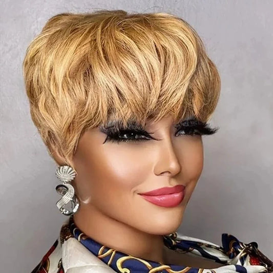 Light Brown / CHINA / 6inches Brown Short Pixie Cut Wig Human Hair For Black Women Machine Made Wigs With Bangs Colored Brazilian Wig Human Hair Wigs