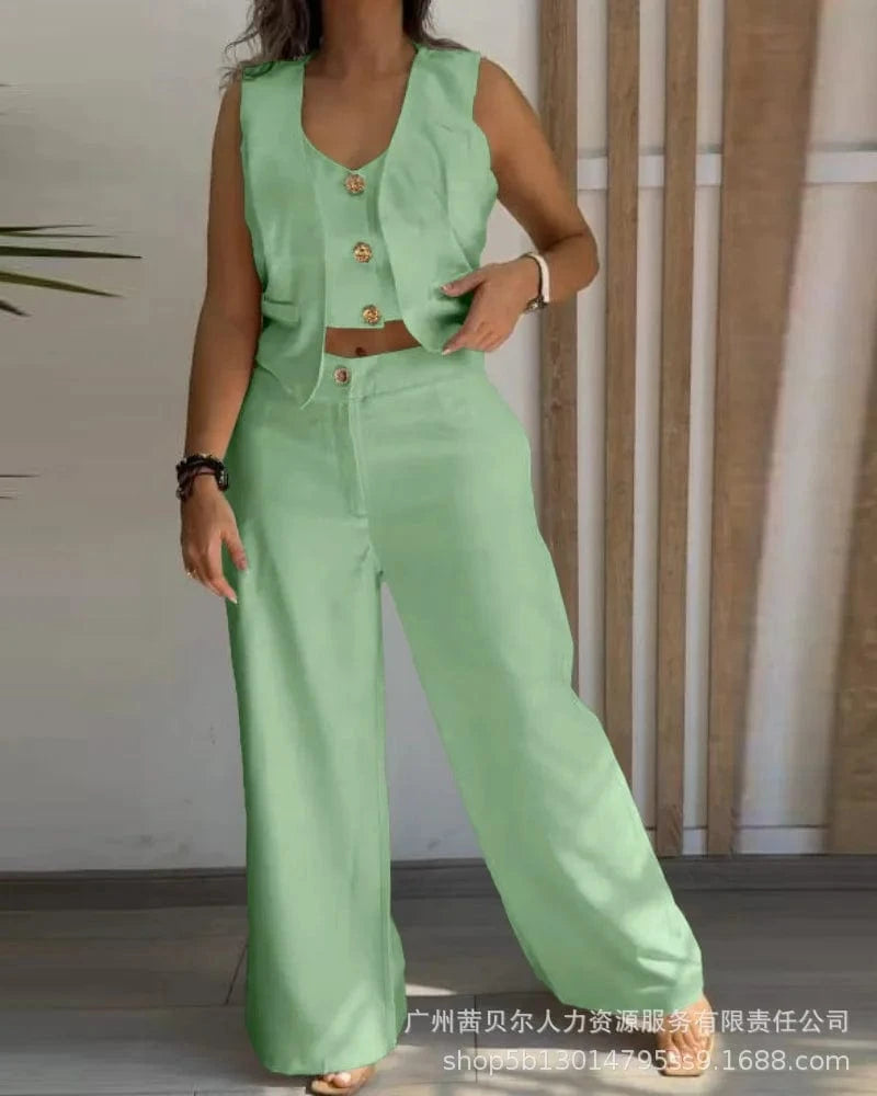 Light Green / XL Women New 2 Pieces Outfits Metal Button Decor V Neck Sleeveless Tank Top and Casual Plain Loose Fit Pants Set