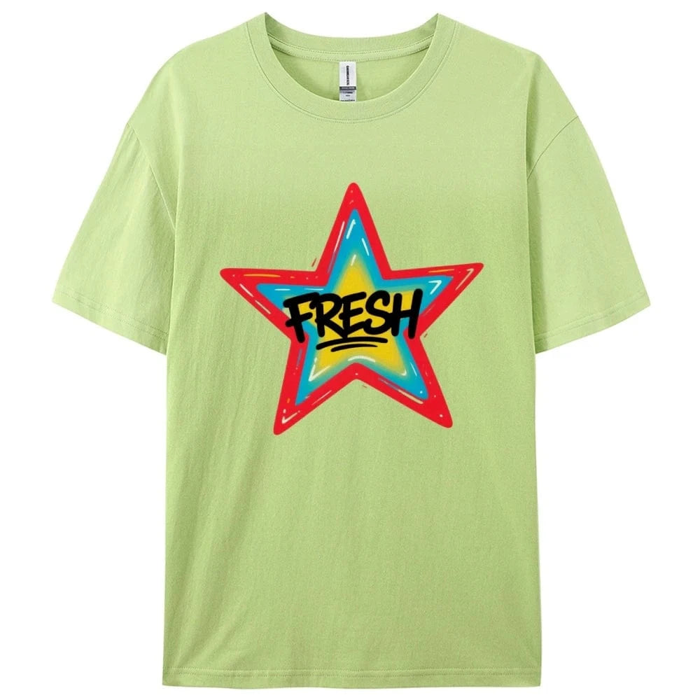 Light Green / XXXL Graffiti Style FRESH Colorful Star Graphic Tee Casual White T-Shirt with Vibrant Gradient Star Design for Trendy Urban Fashion