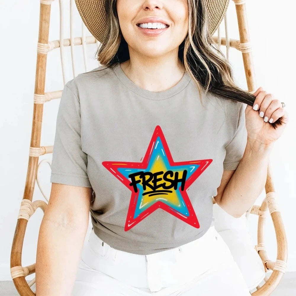 Light Grey / XL Graffiti Style FRESH Colorful Star Graphic Tee Casual White T-Shirt with Vibrant Gradient Star Design for Trendy Urban Fashion