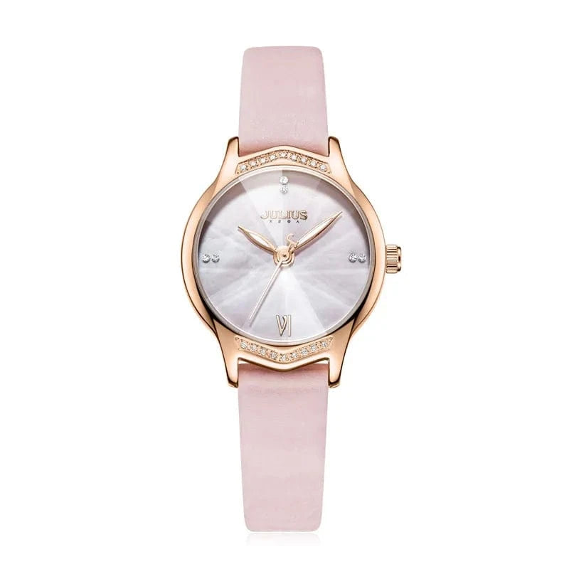 Light Pink Mother-of-pearl Women's Watch Japan Quartz Elegant Fashion Hour Bracelet Real Leather Clock Girl's Birthday Gift Julius Box