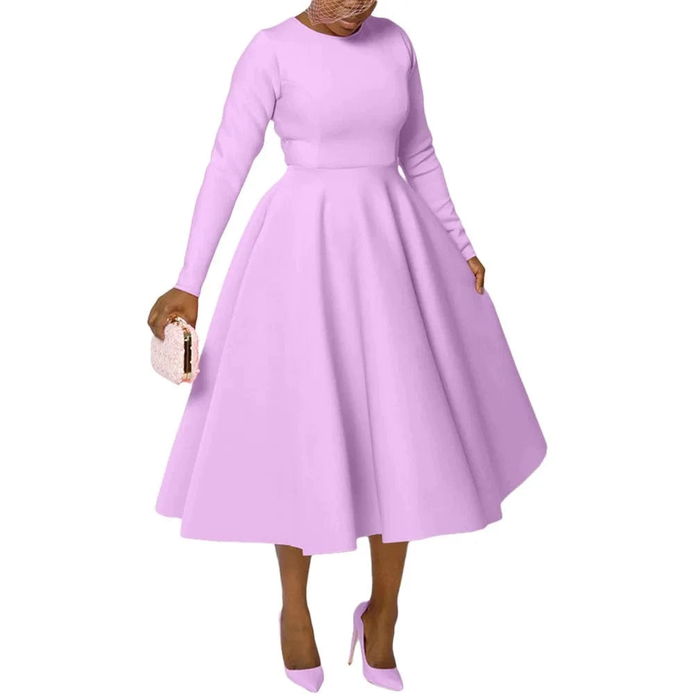 Light Purple / L Elegant Church Dresses for Woman 2025 Fall Long Sleeve O Neck High Waisted A-Line Midi Calf Party Cocktail Dress with Pockets