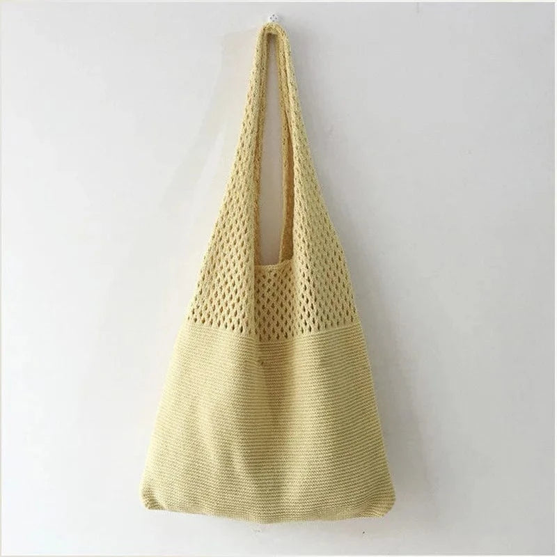 Light Yellow Custom Personalized Knitting Crochet Tote Bags Shoulder Handbags for Women Summer Beach Fashion Weaving Hollow Handbag