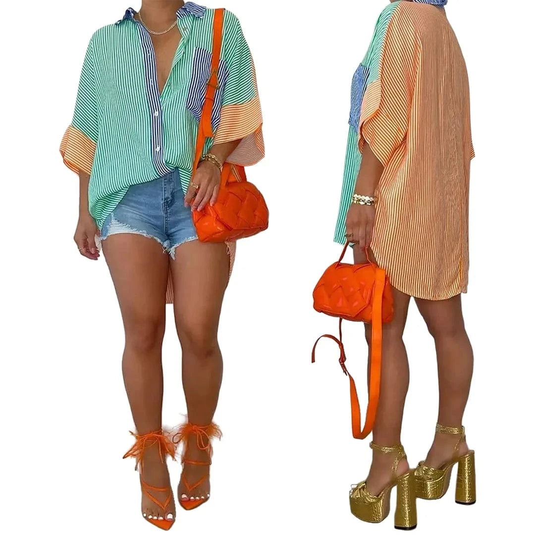 Liu Ming 2024 New Arrivals Women Casual Buttons Striped Long Sleeve T Shirt Tops Loose Blouse