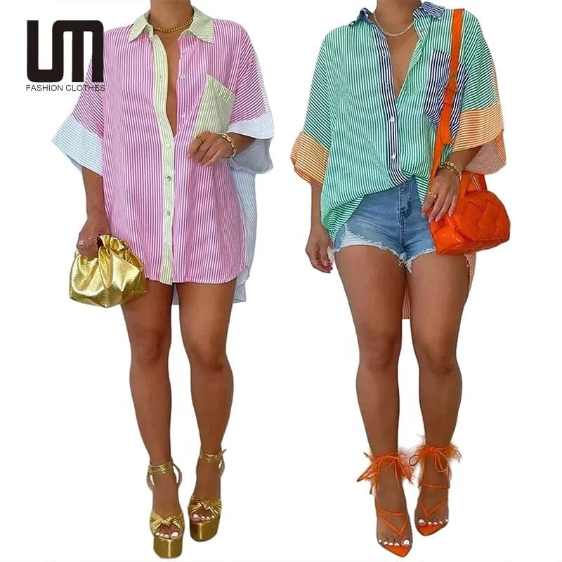 Liu Ming 2024 New Arrivals Women Casual Buttons Striped Long Sleeve T Shirt Tops Loose Blouse