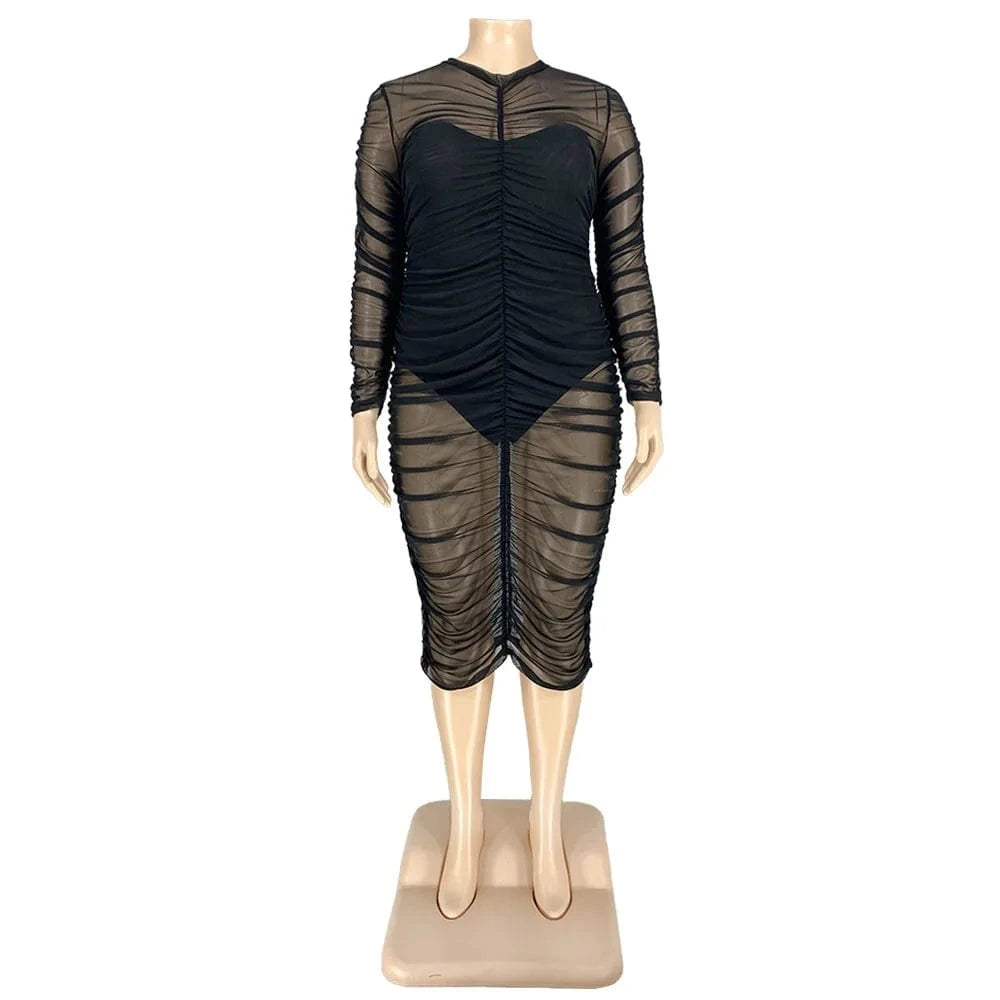 Liu Ming 2024 Women Clothing Plus Size Outfits Pleated Mesh Dress Set