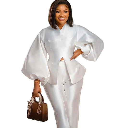 Liu Ming African Autumn Outfits Women Fashion Puff Sleeve Tops Pants Trousers Plus Size Party Wear 2 Piece Set