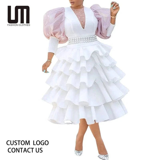 Liu Ming African Elegant New Products 2024 Women Evening Party Gowns High Waist Puff Sleeve White Plus Size Midi Dress