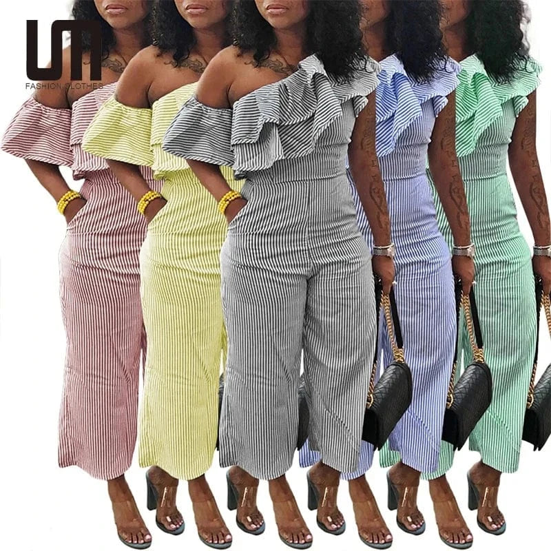 Liu Ming African Fashion 2024 Trending Women Sexy Ruffle Patchwork One Shoulder Striped Print Playsuit Jumpsuits