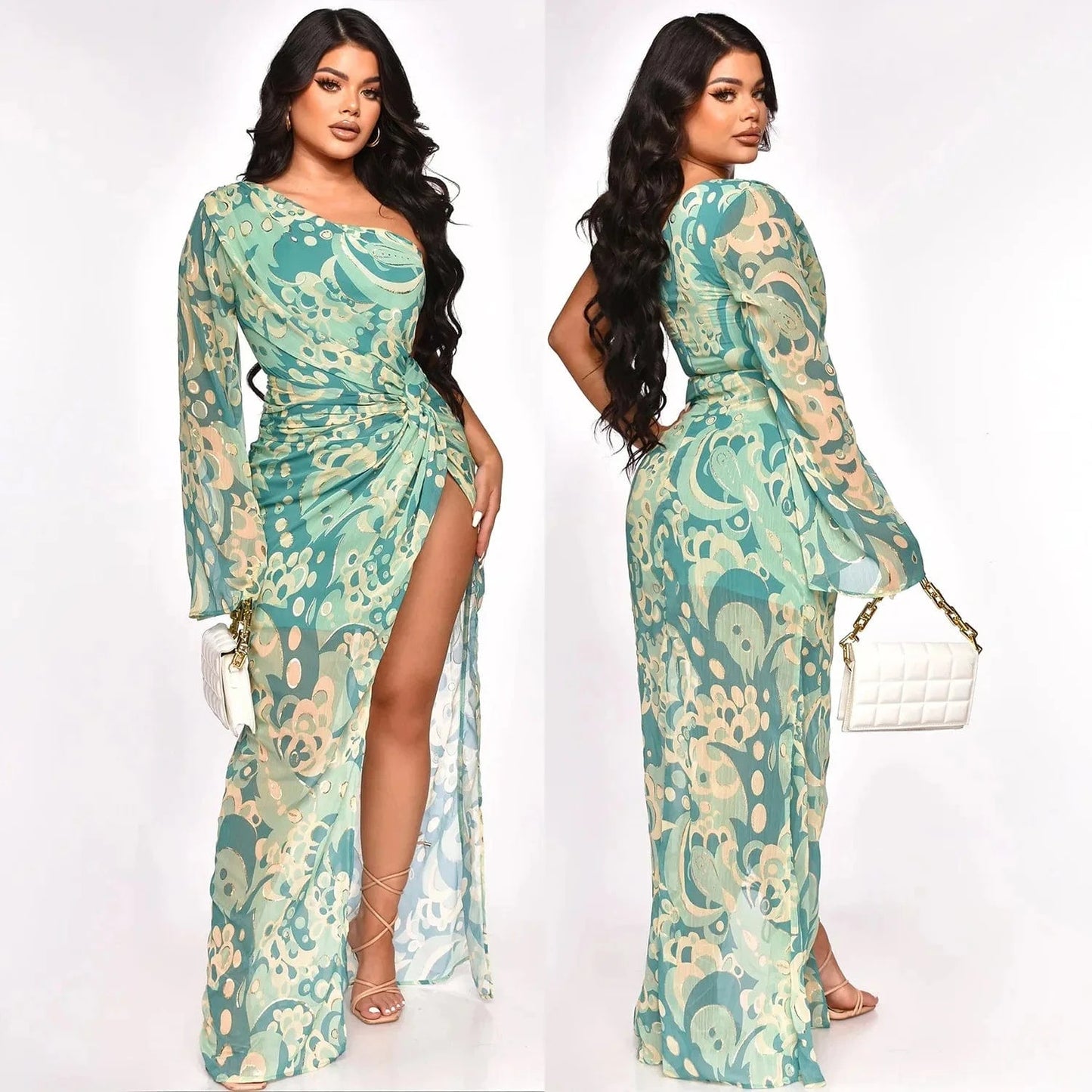 Liu Ming Autumn 2024 New Fashion Women Elegant Print Boho Casual Chiffon One Shoulder Irregular Slit Maxi Dress