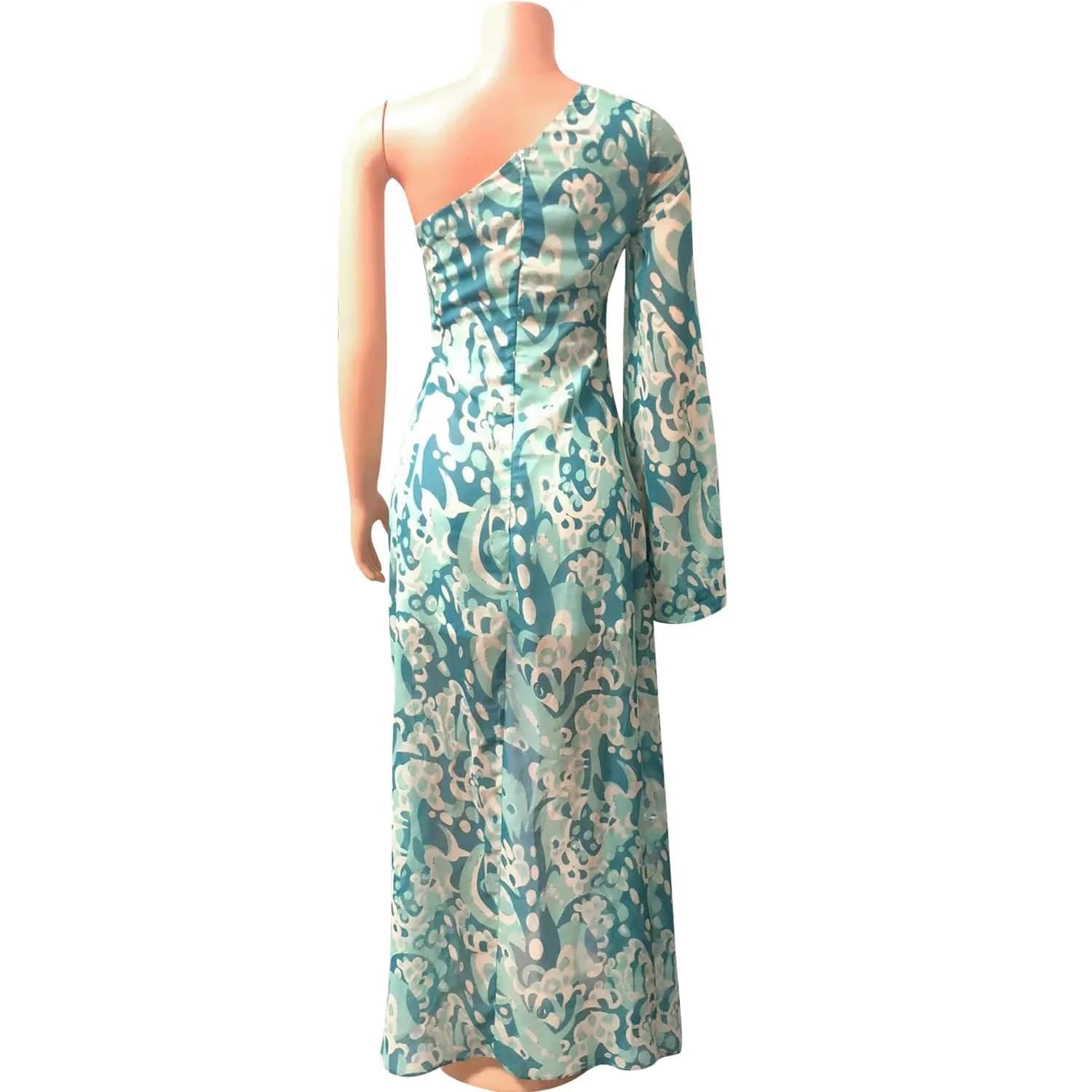 Liu Ming Autumn 2024 New Fashion Women Elegant Print Boho Casual Chiffon One Shoulder Irregular Slit Maxi Dress