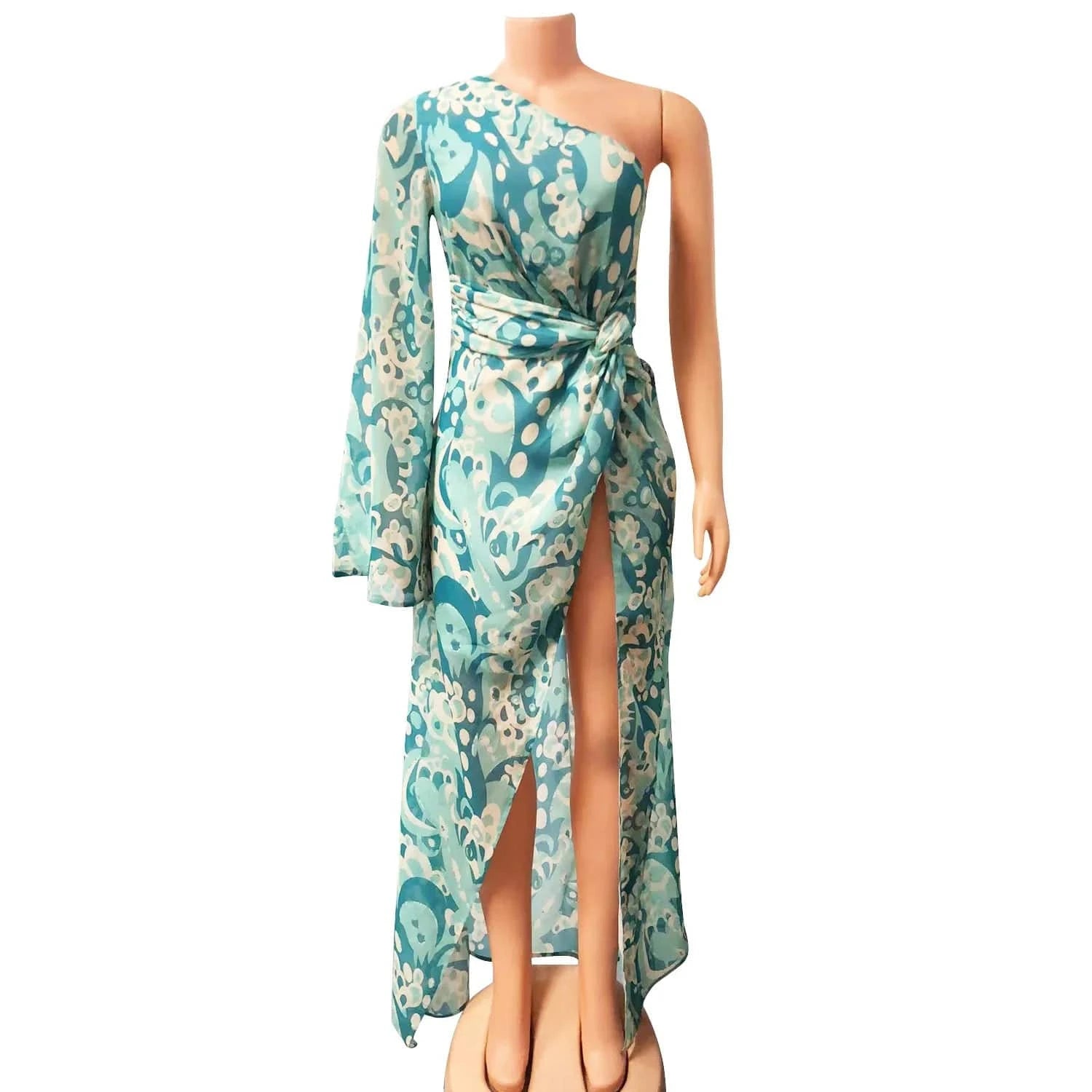 Liu Ming Autumn 2024 New Fashion Women Elegant Print Boho Casual Chiffon One Shoulder Irregular Slit Maxi Dress