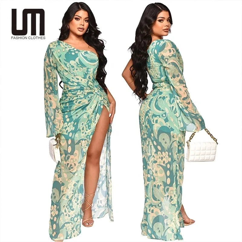 Liu Ming Autumn 2024 New Fashion Women Elegant Print Boho Casual Chiffon One Shoulder Irregular Slit Maxi Dress