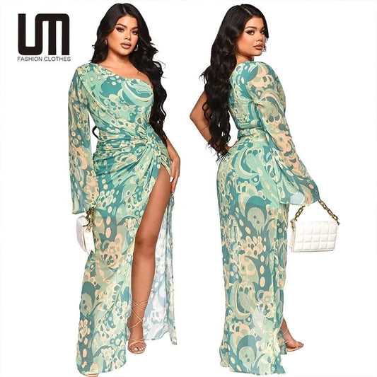 Liu Ming Autumn 2024 New Fashion Women Elegant Print Boho Casual Chiffon One Shoulder Irregular Slit Maxi Dress