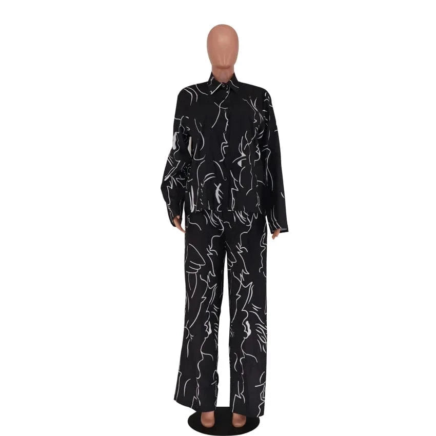 Liu Ming Autumn Fashion 2024 New Product Woman Casual Printed Loose Blouse Wide Leg Pants Suit