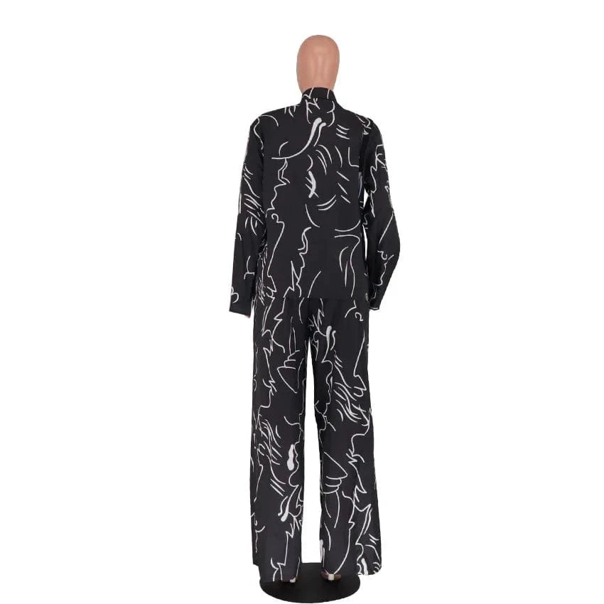 Liu Ming Autumn Fashion 2024 New Product Woman Casual Printed Loose Blouse Wide Leg Pants Suit