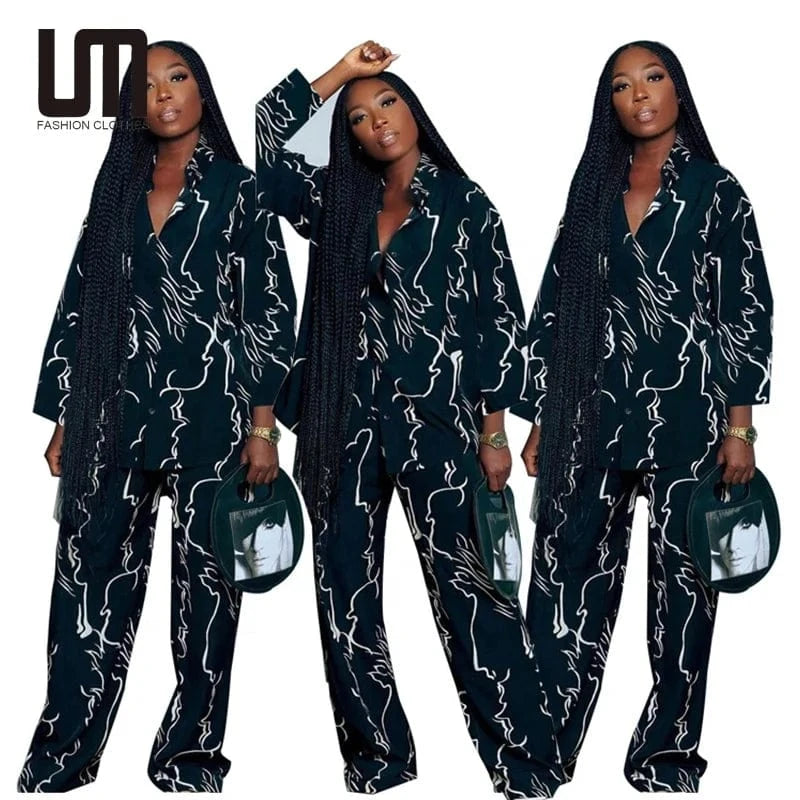 Liu Ming Autumn Fashion 2024 New Product Woman Casual Printed Loose Blouse Wide Leg Pants Suit