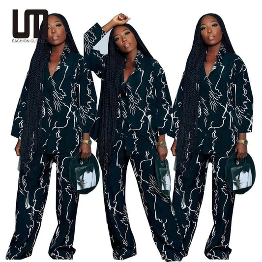 Liu Ming Autumn Fashion 2024 New Product Woman Casual Printed Loose Blouse Wide Leg Pants Suit