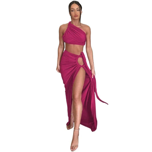 Liu Ming Autumn Fashion 2024 Trending Women Sexy Sleeveless Backless One Shoulder Hollow Out Side Slit Y2K Maxi Skirt Set