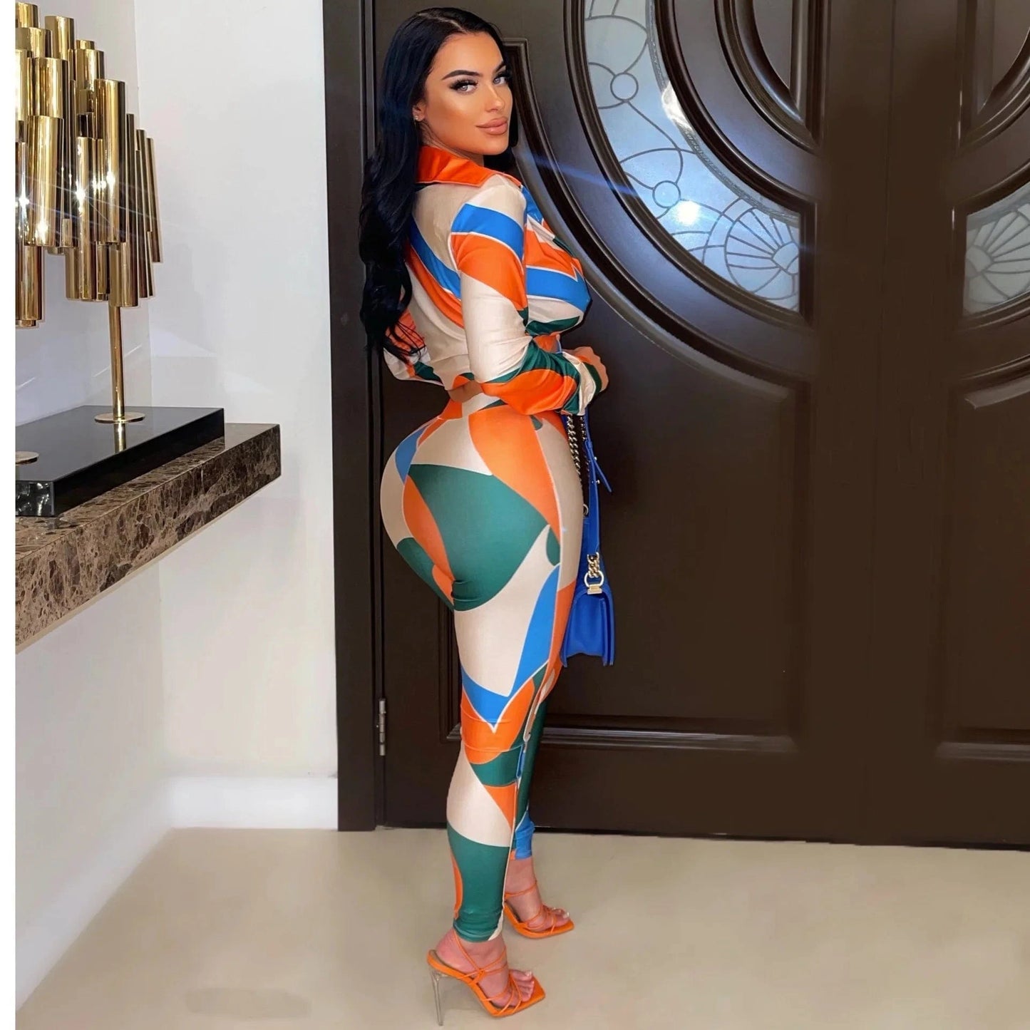 Liu Ming Autumn Wholesale Fashion 2024 New Product Print Sexy Two Piece Women Long Sleeve Crop Tops Leggings Pants Set