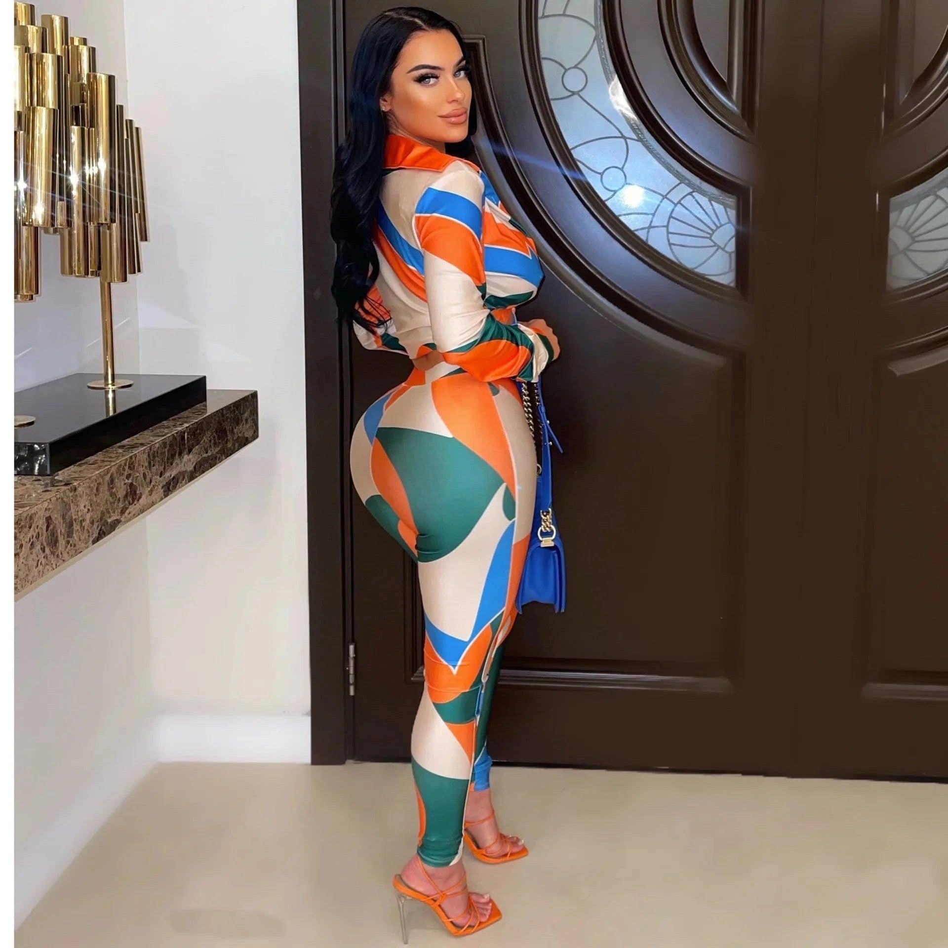 Liu Ming Autumn Wholesale Fashion 2024 New Product Print Sexy Two Piece Women Long Sleeve Crop Tops Leggings Pants Set