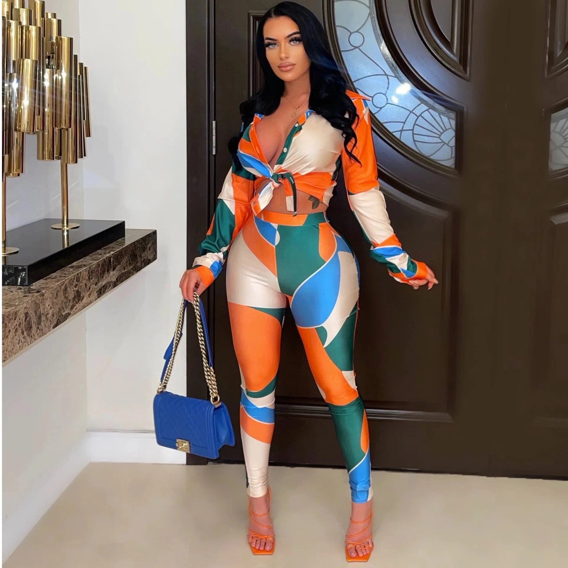 Liu Ming Autumn Wholesale Fashion 2024 New Product Print Sexy Two Piece Women Long Sleeve Crop Tops Leggings Pants Set