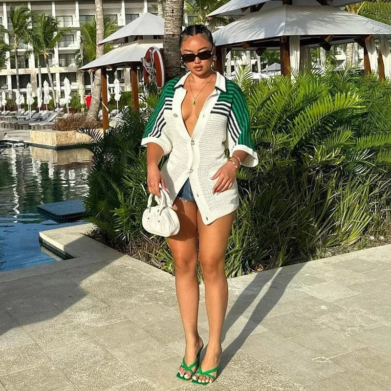 Liu Ming Autumn Winter 2024 Trending Women Y2K Knitted Short Sleeve Stripe Cardigan Turn Down Collar Sweater