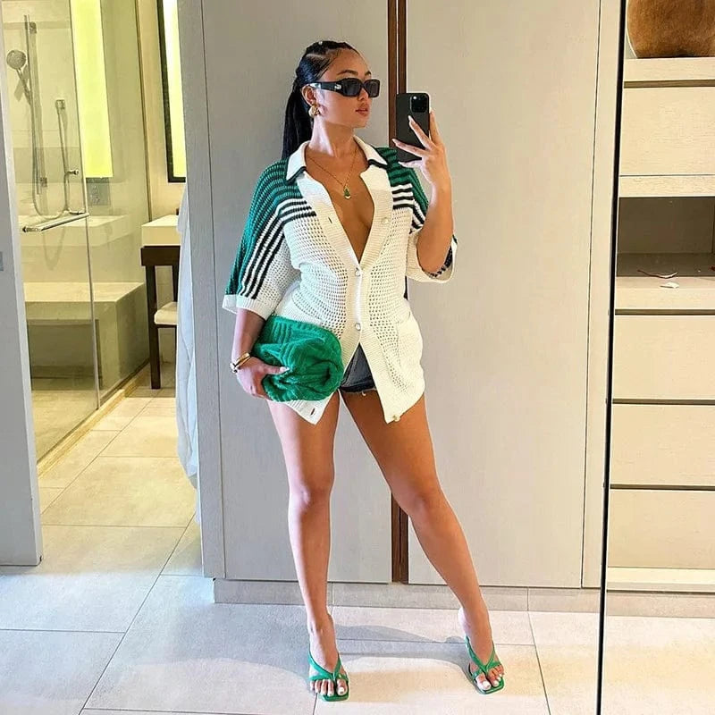 Liu Ming Autumn Winter 2024 Trending Women Y2K Knitted Short Sleeve Stripe Cardigan Turn Down Collar Sweater