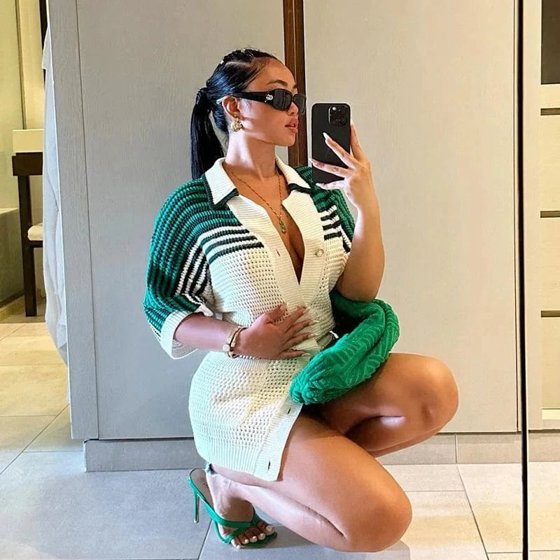 Liu Ming Autumn Winter 2024 Trending Women Y2K Knitted Short Sleeve Stripe Cardigan Turn Down Collar Sweater