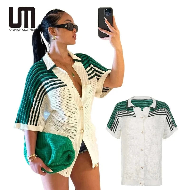 Liu Ming Autumn Winter 2024 Trending Women Y2K Knitted Short Sleeve Stripe Cardigan Turn Down Collar Sweater