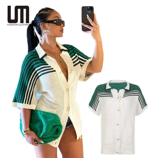 Liu Ming Autumn Winter 2024 Trending Women Y2K Knitted Short Sleeve Stripe Cardigan Turn Down Collar Sweater