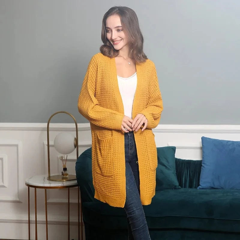 Liu Ming Autumn Winter Hot Selling 2024 Trending Women Casual Solid Color Long Sleeve Mid Length Knitted Cardigan Sweater
