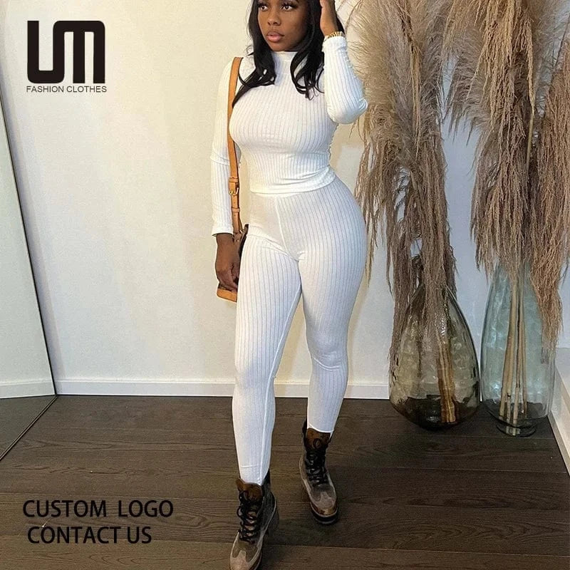 Liu Ming Autumn Winter Wholesale 2024 Fashion Women Casual 2 Piece Set Ribbed Solid O Neck Long Sleeve Crop Top Pants Tracksuit