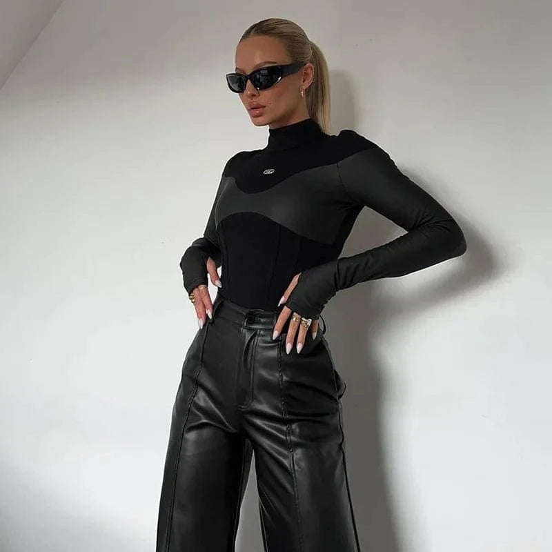 Liu Ming Custom Logo Fall Fashion 2024 Trending Women Black Turtleneck Faux Leather Bodysuit High Waist Casual Jumpsuit